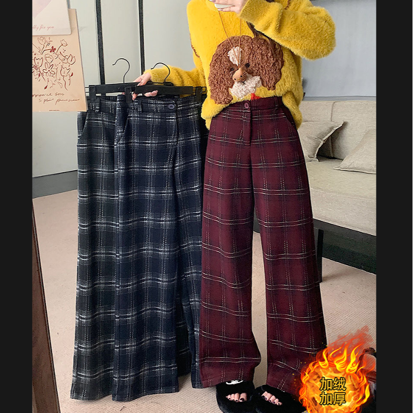 【卡码拍小】大码胖mm复古百搭加绒加厚显瘦遮胯格子阔腿裤
