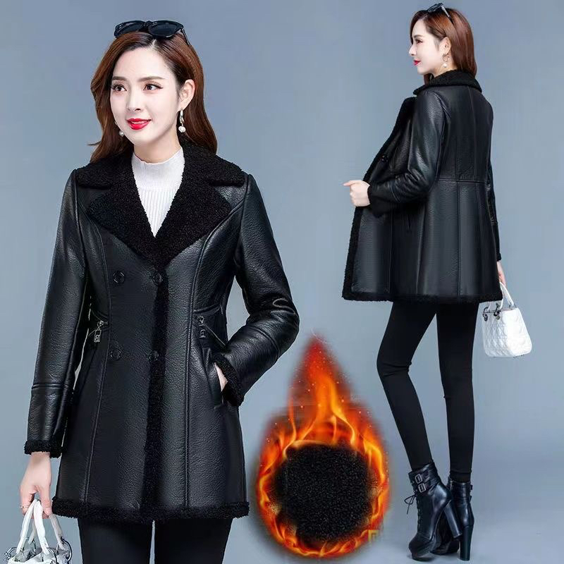 皮毛一体软皮外套女中长款加绒加厚皮衣2025秋冬大码修身显瘦PU皮