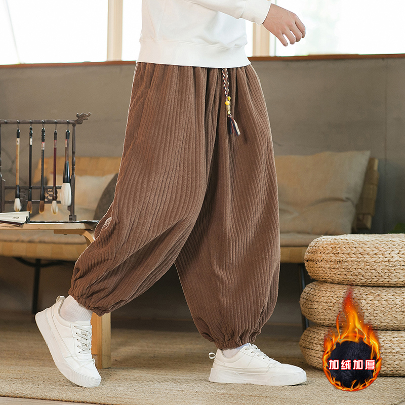 冬季中国风男士休闲裤加绒加厚保暖阔腿裤复古宽松大码纯色灯笼裤