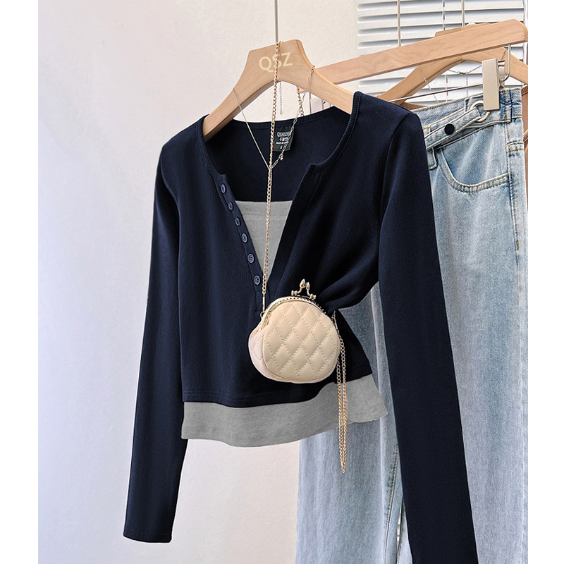 8904#撞色假两件长袖T恤女修身显瘦百搭小个子设计感打底衫上衣女