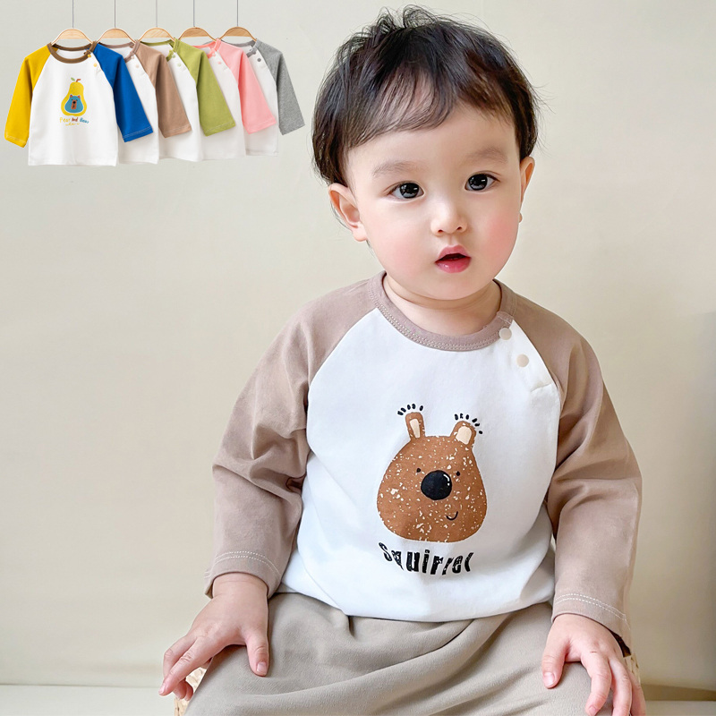 儿童长袖T桖春秋季宝宝纯棉打底衫男童女童卡通撞色棉上衣1岁-3岁