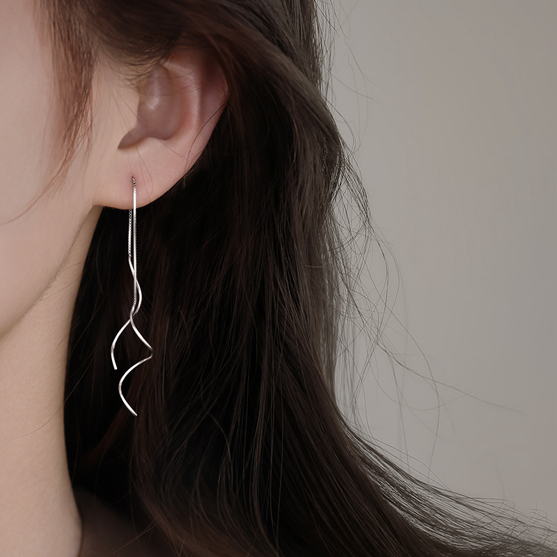 925银耳饰 银波浪流苏耳线女2025显脸瘦耳环长款几何设计感耳饰