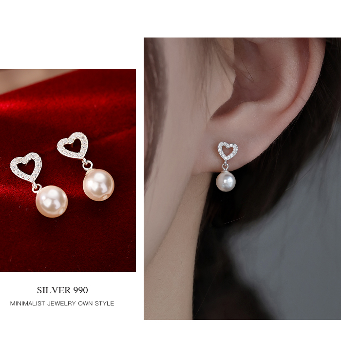 足银仿珍珠耳饰 足银999甜美爱心仿珍珠耳钉女潮轻奢小众时尚简约