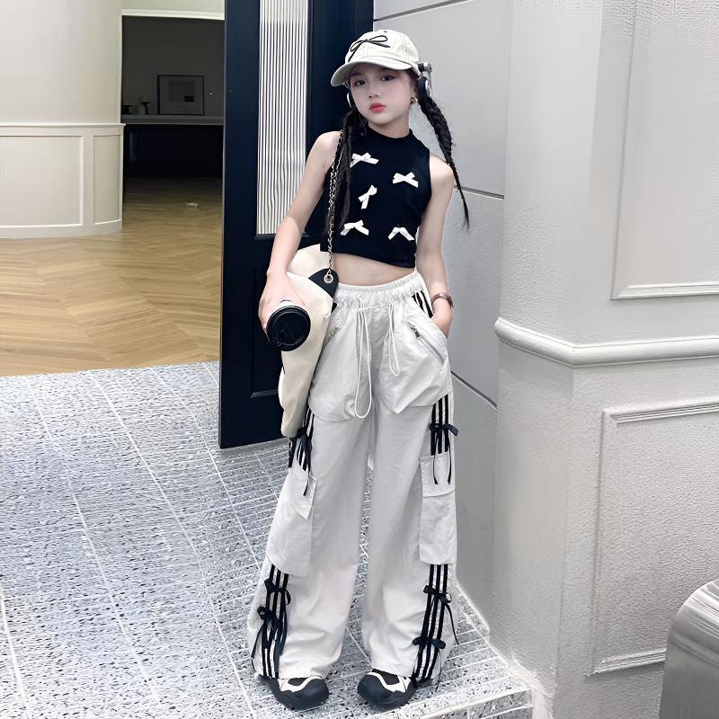 女童藏蓝色工装裤2025新款薄款中大童美式街头宽松休闲直筒伞兵裤