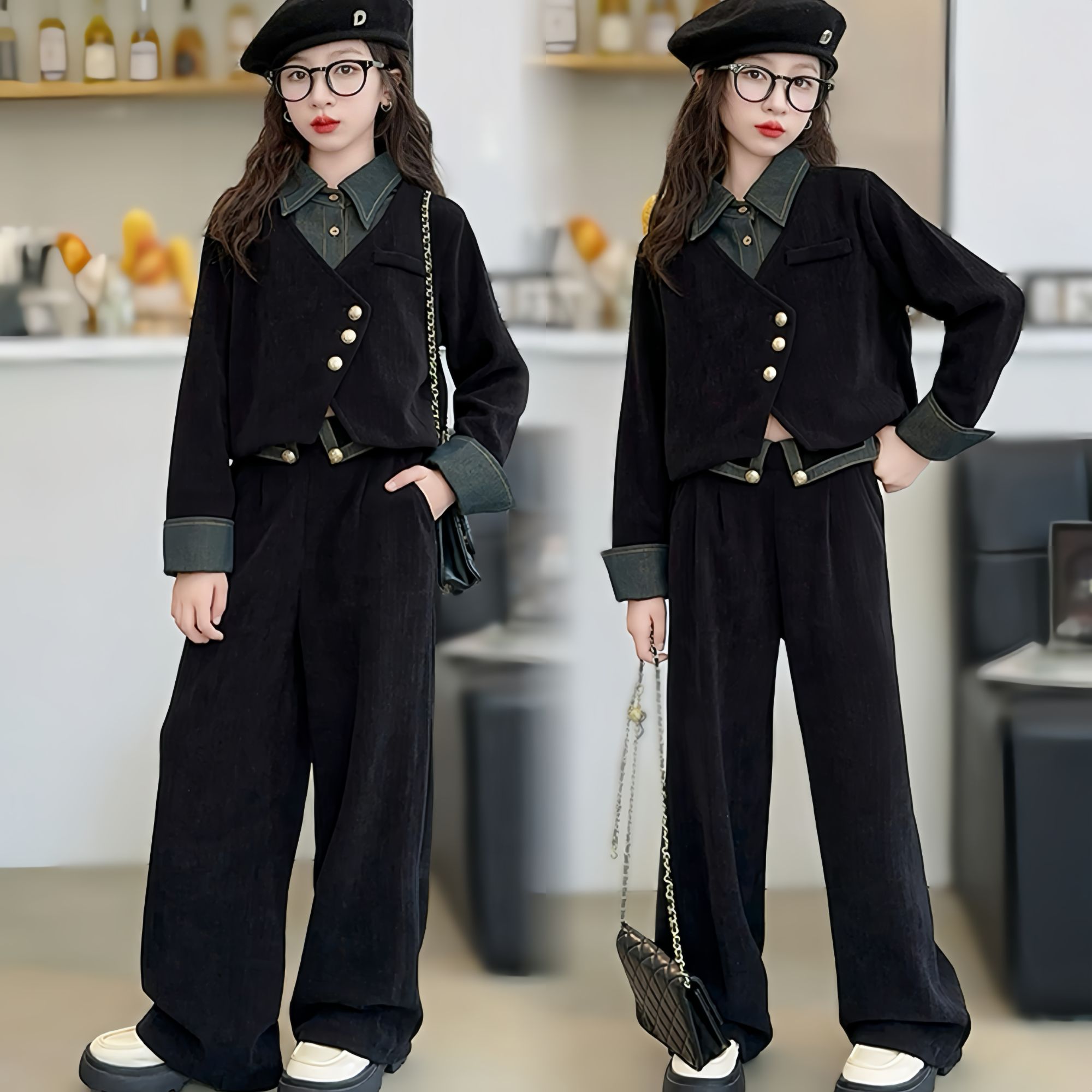 女童秋季不规则假两件套装2025新款洋气大童赫本风女孩秋装两件套