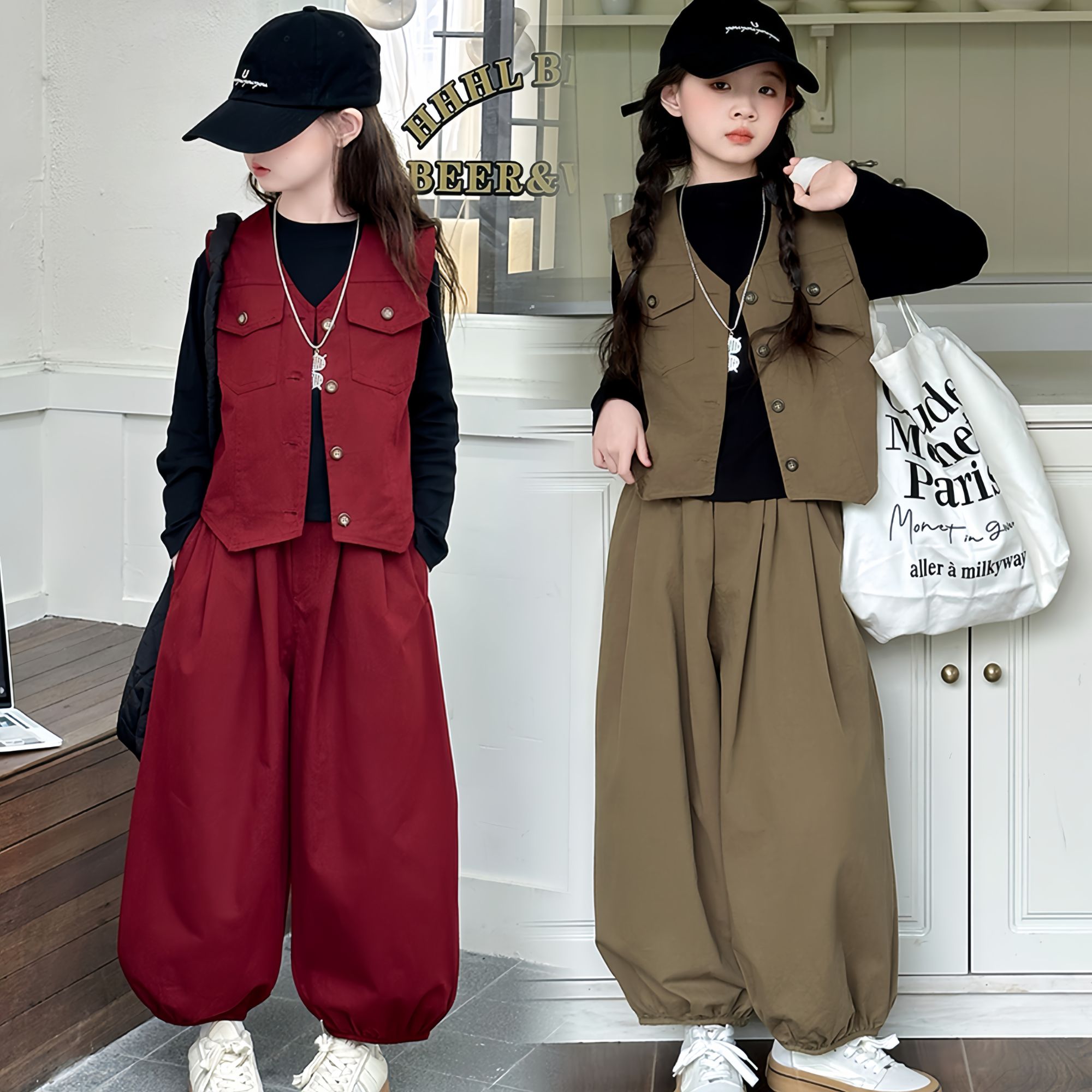 童装西装套装女童春秋新款气质感炸街时尚气质休闲灯笼裤三件套装