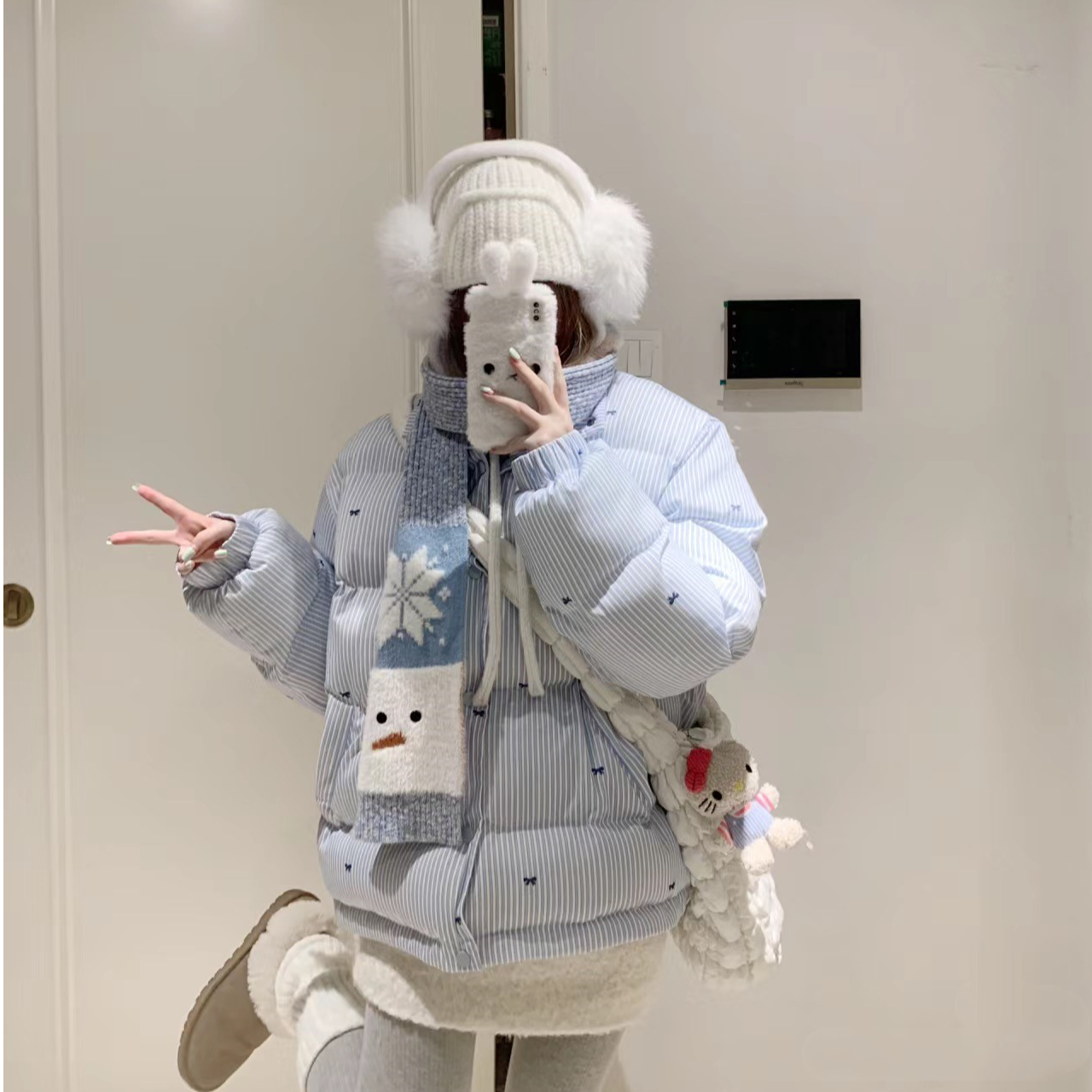 美式蓝色条纹蝴蝶结棉服女2025新款冬季高级感立领加厚保暖棉衣潮