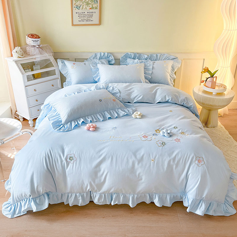 韩版全棉绣花公主风少女心网红小清新荷叶边可爱亲肤床上品四件套