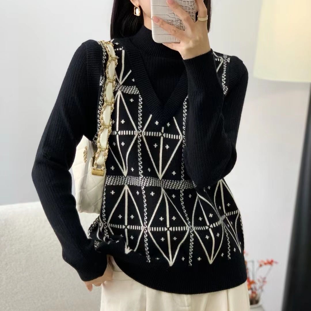 假两件针织衫大码女打底衫胖mm遮肚显瘦毛衣2025秋冬新款提花上衣