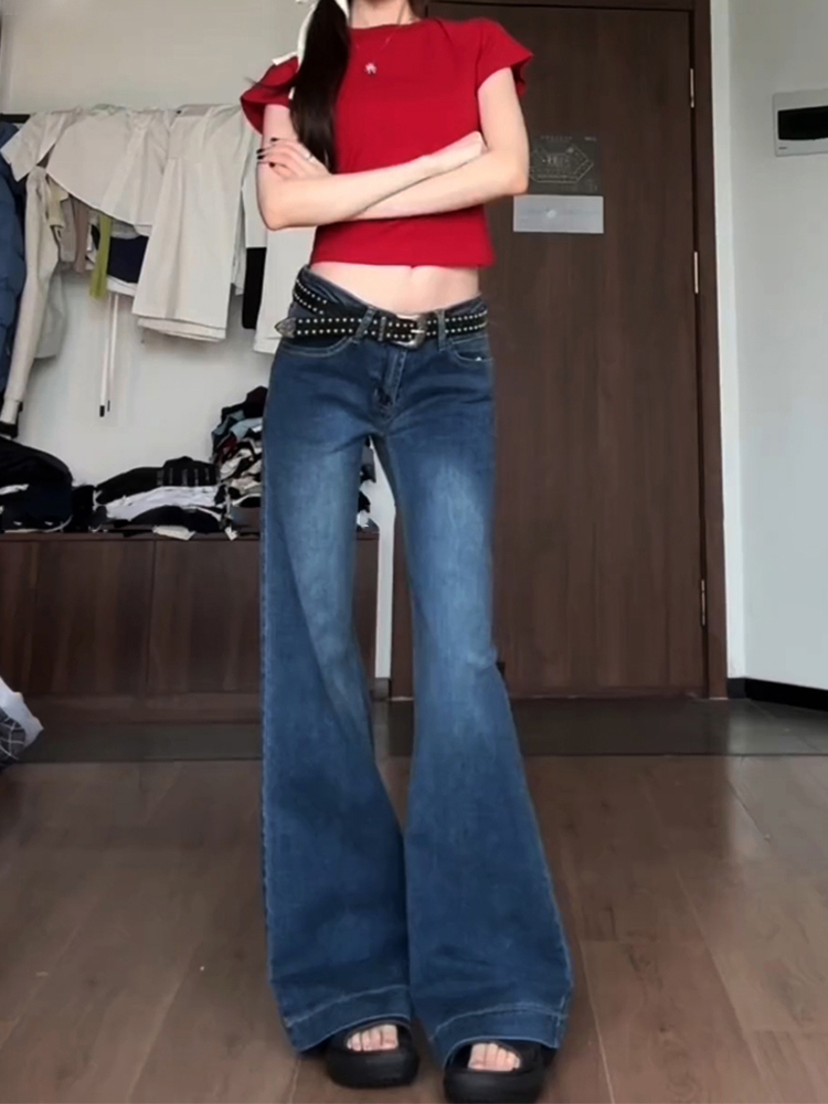 大码美式辣妹复古微喇叭牛仔裤女夏季新款深蓝色显瘦直筒拖地裤子