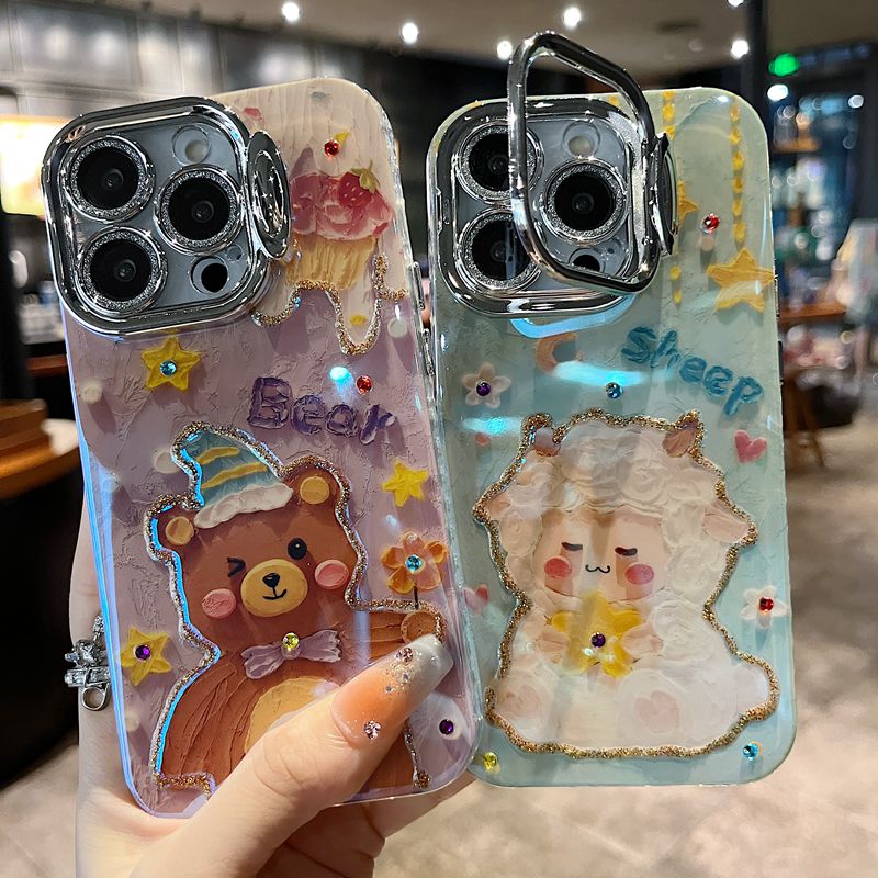 适用苹果系列iPhone15新款手机壳隐形支架创意卡通绵羊防摔全包14