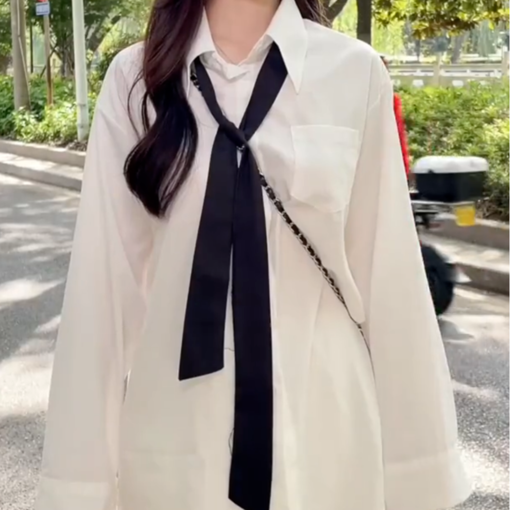 夏季新款配领带斩男轻熟御姐纯欲风甜辣薄款防皱雪纺防晒白衬衫女