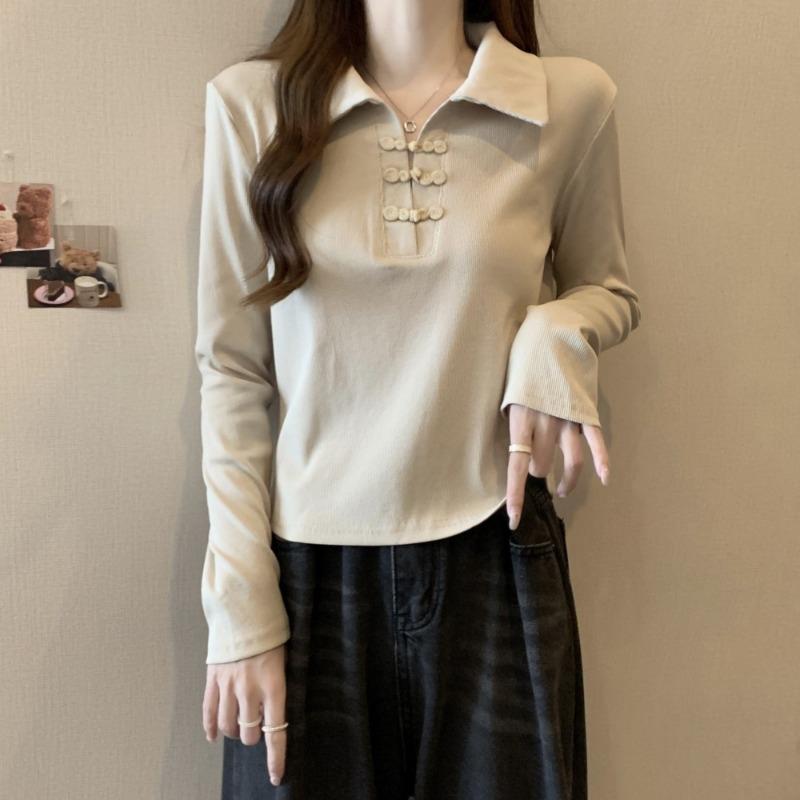 大码中式盘扣POLO领长袖T恤女春秋胖妹妹显瘦百搭正肩上衣打底衫