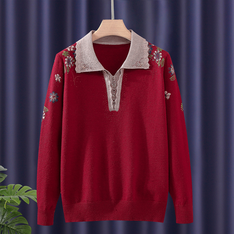 中老年妈妈装春秋长袖翻领针织衫毛衣洋气百搭宽松女士绣花上衣