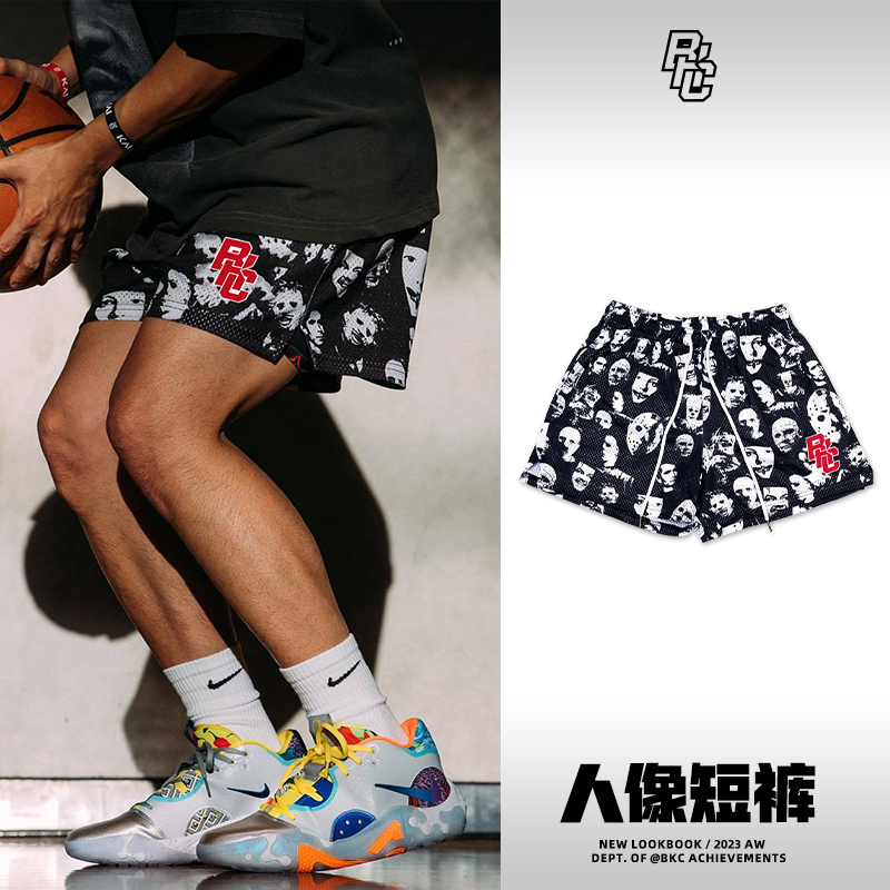 bkcxzice破冰人像篮球短裤男健身速干美式四分裤夏季宽松休闲裤子