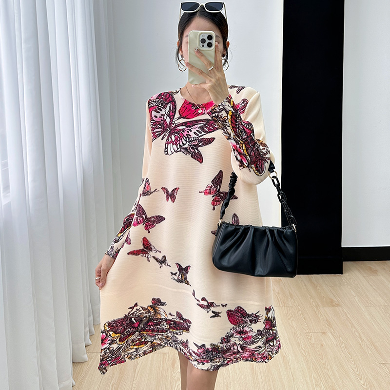 【清仓】三宅连衣裙女秋季新款九分袖圆领时尚高端印花褶皱气质长裙