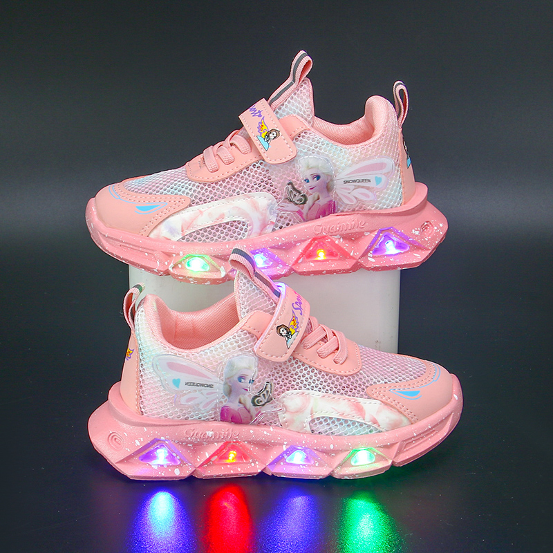 亮灯艾莎公主运动鞋女童鞋中小童皮面保暖透气轻便软底女孩跑步鞋