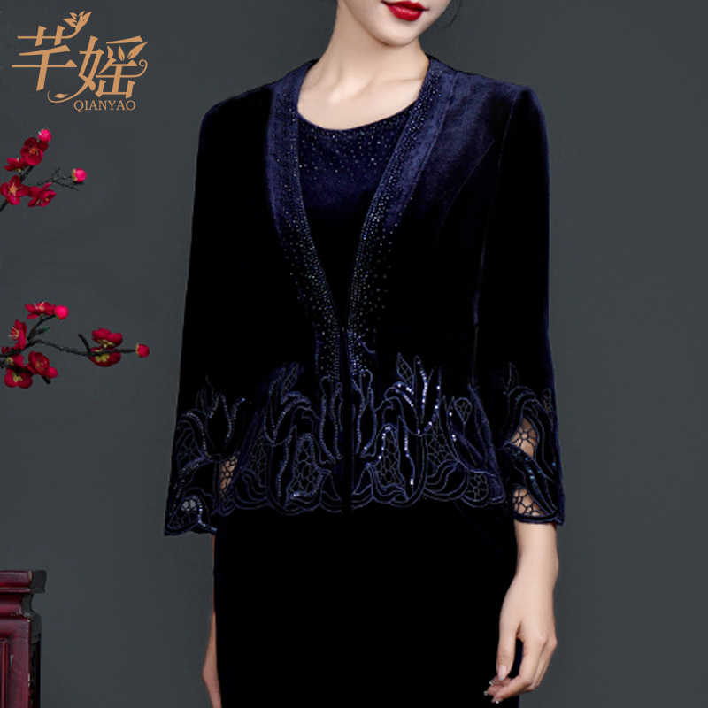 高贵优雅气质金丝绒外套复古国风大码妈妈装显瘦洋气时尚百搭上衣