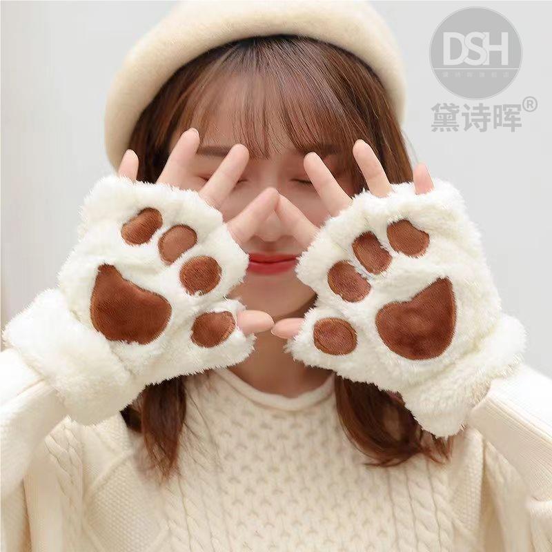 可爱猫爪毛绒手套女秋冬韩版ins学生百搭半指可触屏加厚保暖分指