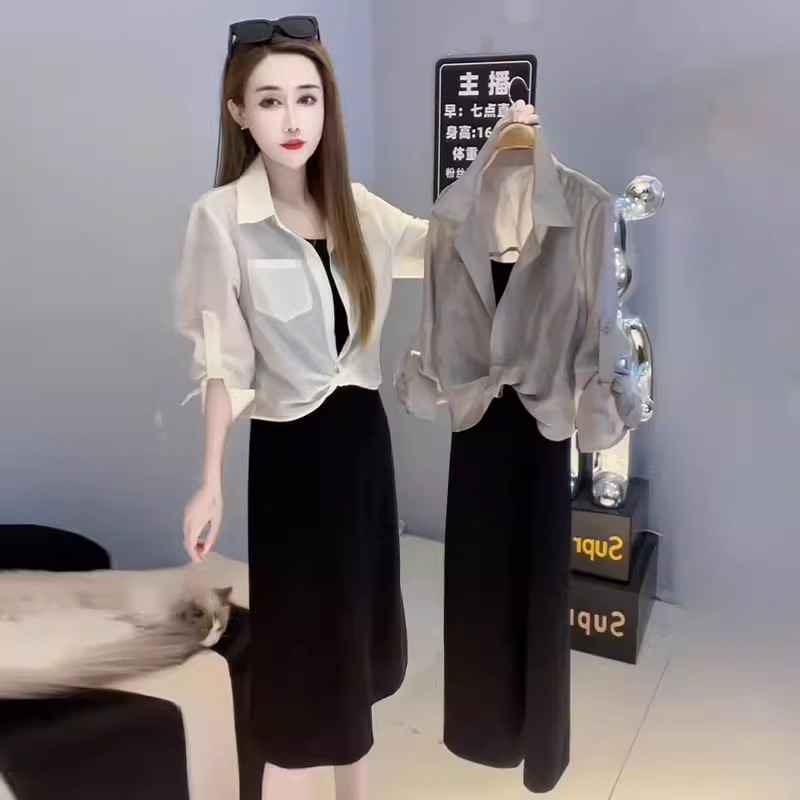 韩版小个子时尚爆款套装女夏季新款长袖防晒开衫吊带连衣裙两件套