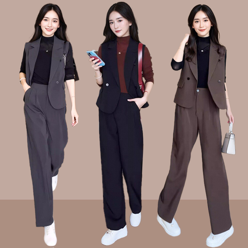 时尚套装女2025春秋新款洋气减龄西装马甲打底衫阔腿裤休闲三件套