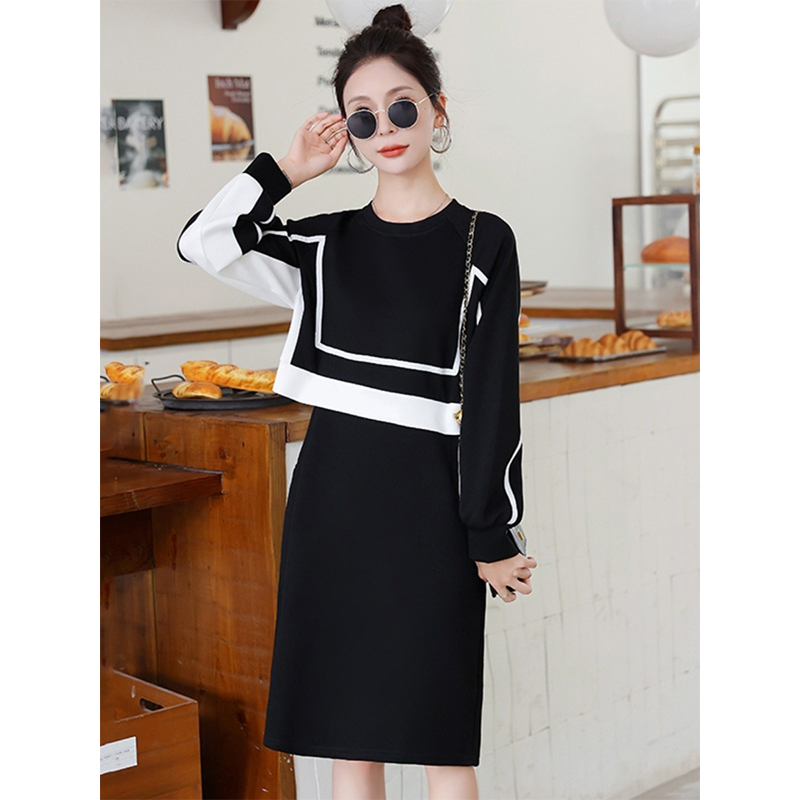 2025春秋季新款假两件连衣裙小个子气质设计感收腰显瘦休闲卫衣裙