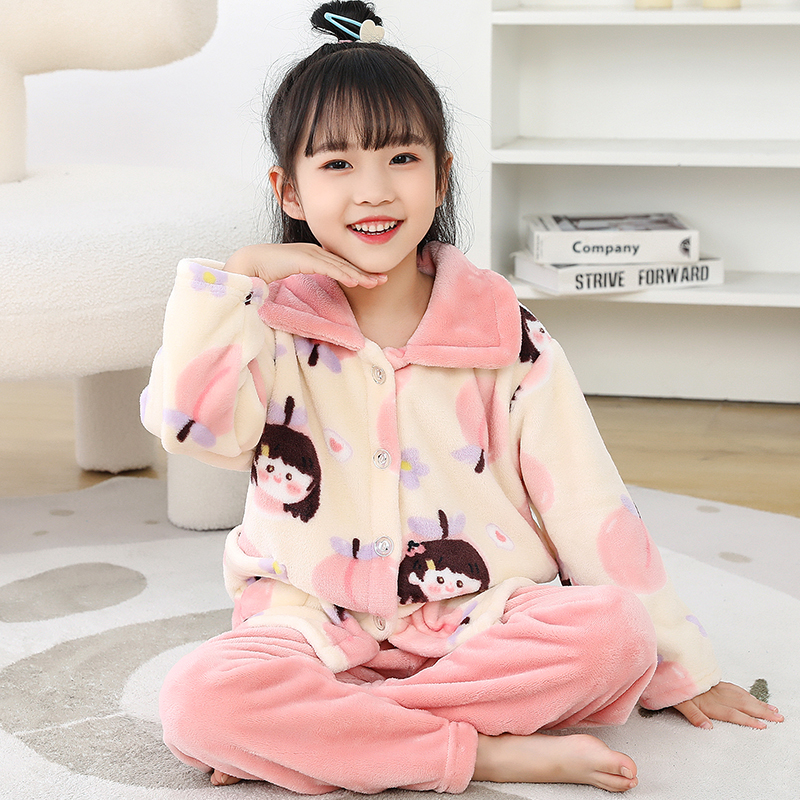 童装女童法兰绒睡衣秋冬季小男孩加厚款套装珊瑚绒儿童女孩家居服