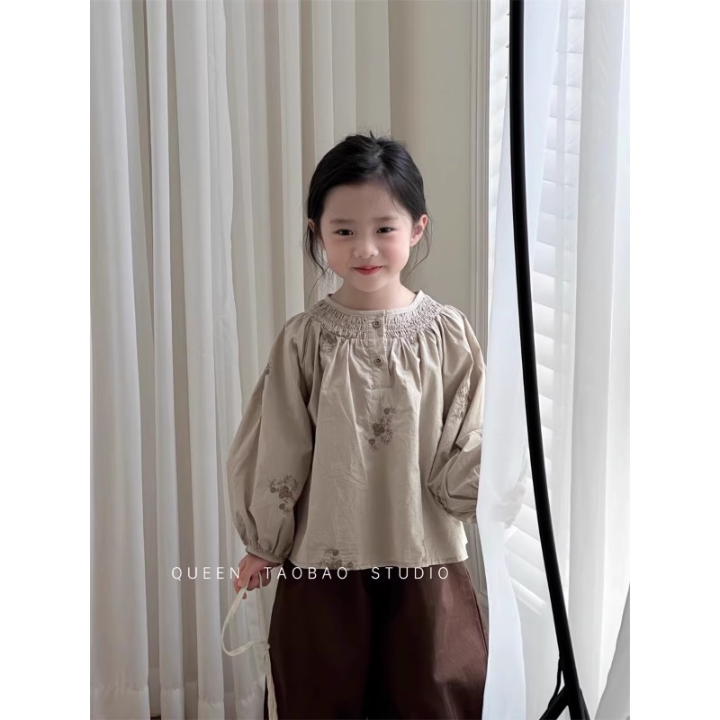 韩国童装女童碎花刺绣长袖娃娃衫秋季新品宝宝洋气泡泡袖衬衫套装