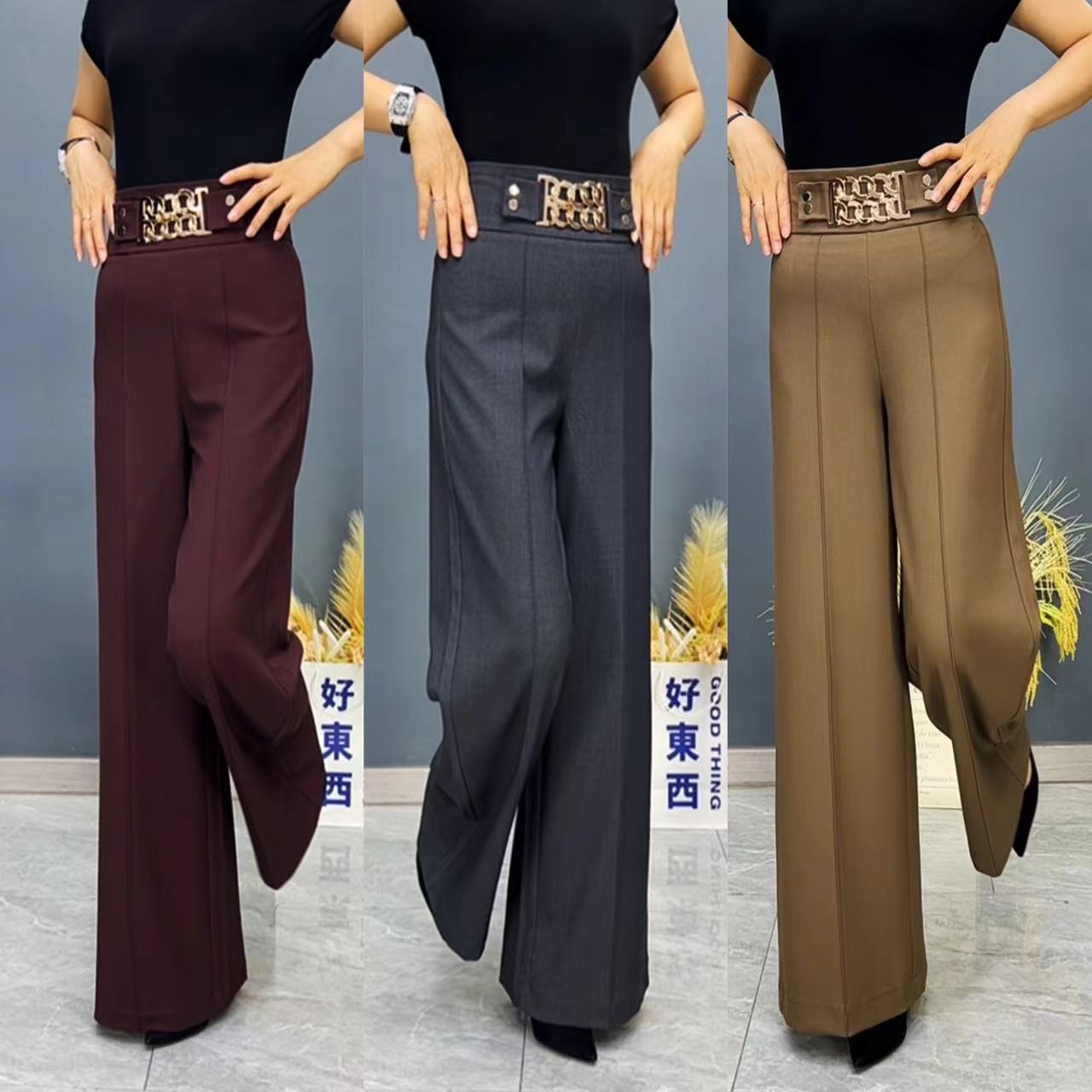 【981款】2025秋季女士新款时尚气质高腰显瘦阔腿裤垂感链条装饰裤