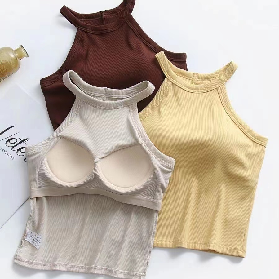 大码带胸垫吊带背心女春夏季挂脖内搭打底美背运动无袖上衣