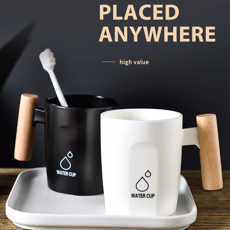 学生宿舍创意黑白漱口杯杯子刷牙杯家用木制手柄牙缸牙刷杯洗漱杯
