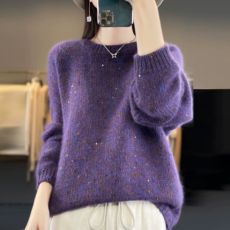 加厚衫女秋冬毛衣2024新款大码内搭珠片圆领针织打底衫