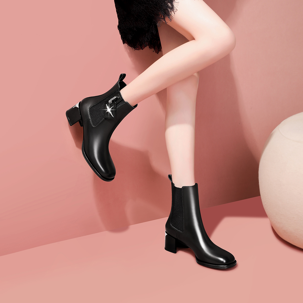 HYSN原创设计师新款百搭黑色切尔西靴女气质粗跟短靴一脚蹬单靴