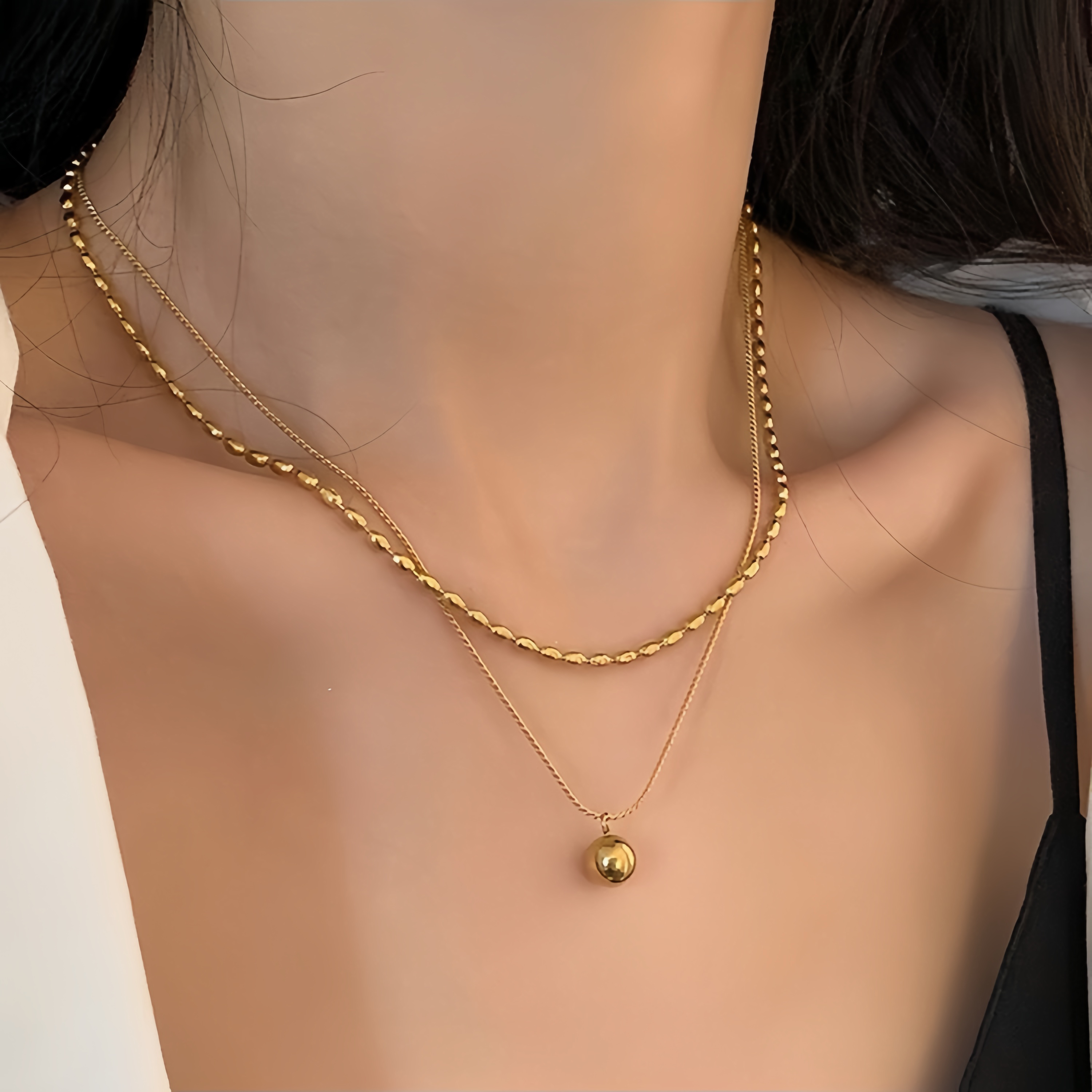 钛钢项链 豆豆圆球项链女轻奢双层叠戴锁骨链精致气质不掉色颈链