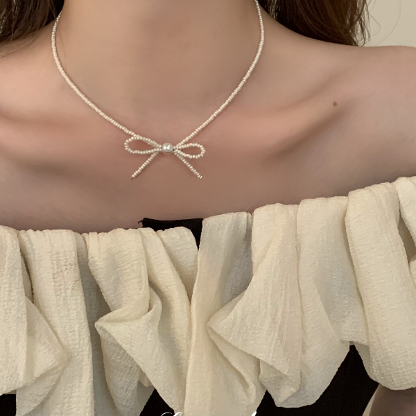 钛钢项链 超仙精致珠珠蝴蝶结项链女新爆款气质高级感颈链锁骨链