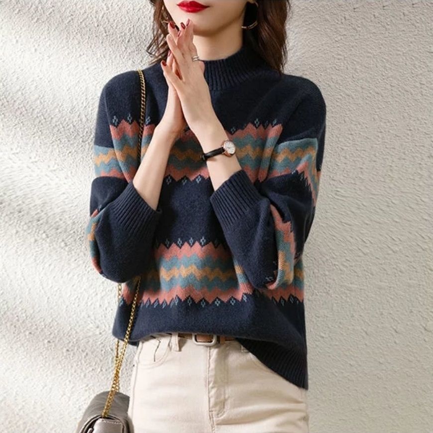 大码女装胖mm半高领毛衣宽松秋冬复古洋气上衣新款外穿打底针织衫