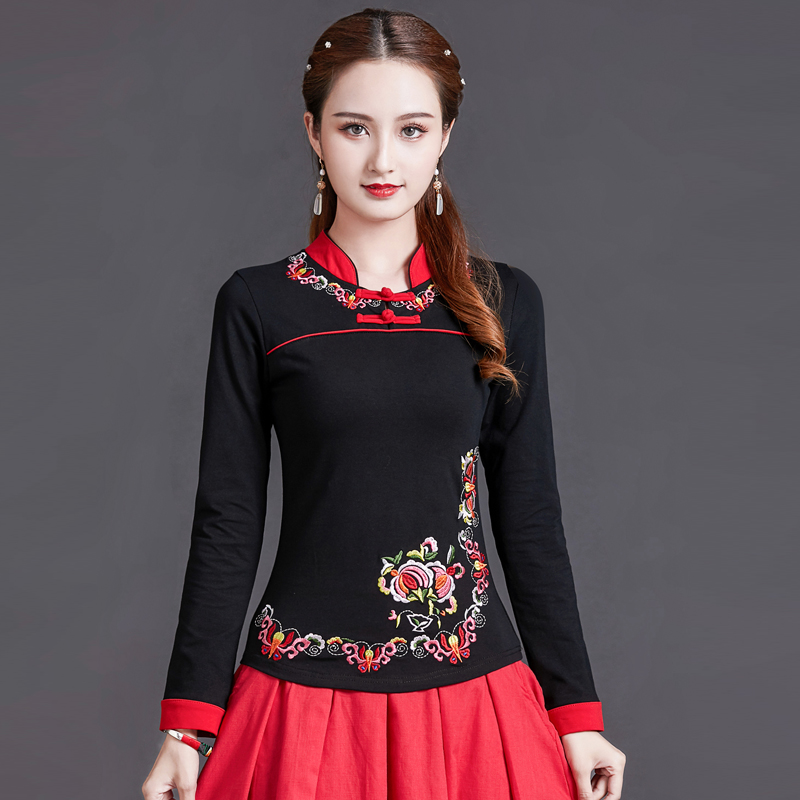 秋冬新款中国风立领长袖刺绣t恤文艺复古民族风绣花立领打底衫女