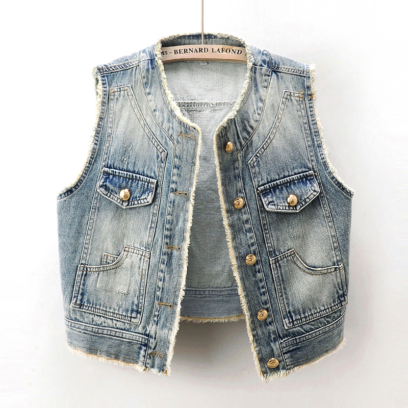 2024年春秋新款百搭毛边圆领牛仔马甲女短款背心马夹坎肩外搭上衣