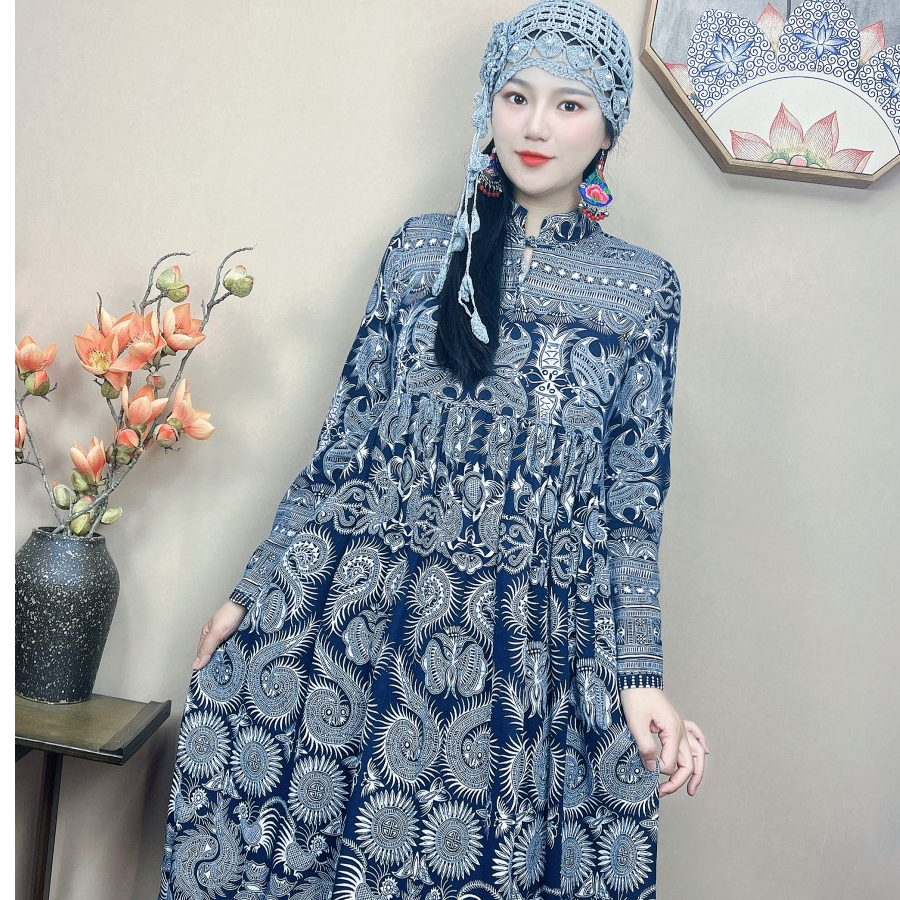 民族风印花大摆连衣裙长裙文艺碎花复古立领裙子