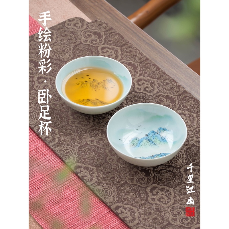 景德镇手工高档内绘茶杯陶瓷品茗杯主人杯手绘粉彩单个卧足杯茶具