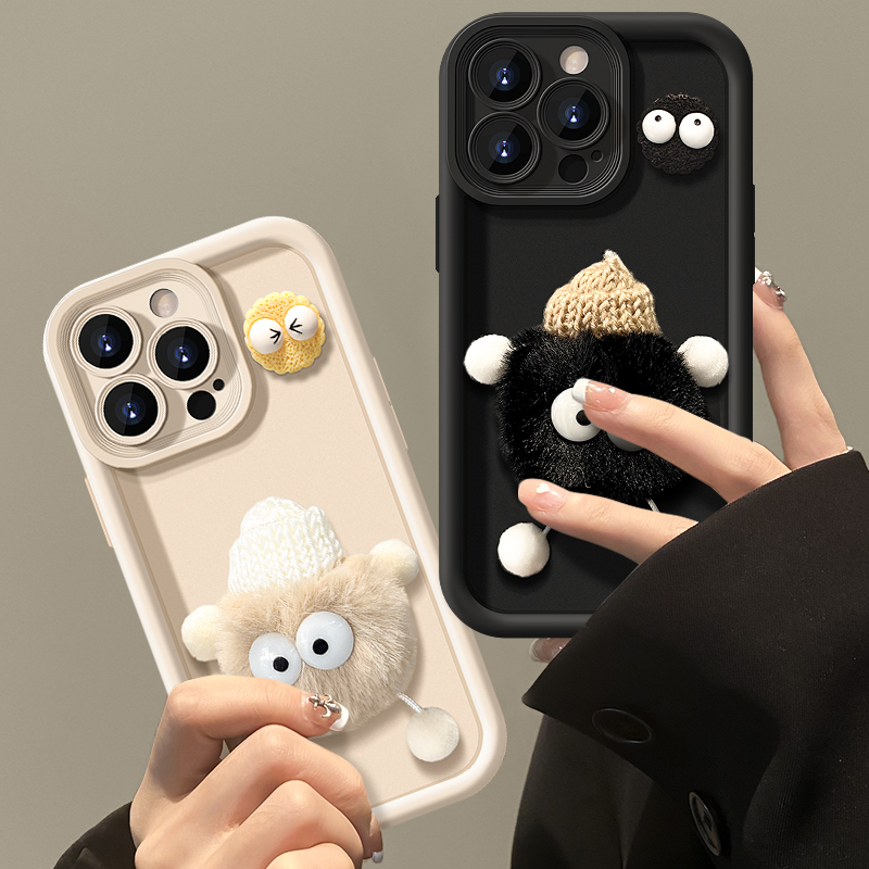 【苹果/华为/oppo/vivo/小米】立体毛绒煤球公仔全防摔阶梯手机壳