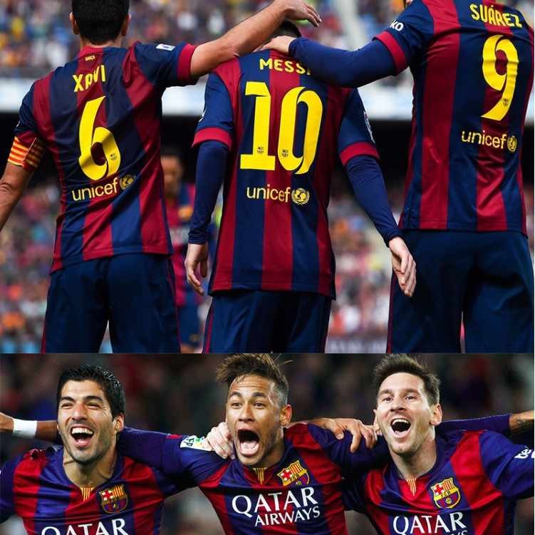 14-15赛季巴萨主场梅西10苏亚雷斯9内马尔11欧冠决赛复古球衣短袖