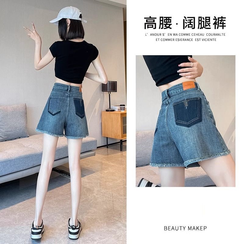 撞色a字高腰牛仔短裤女夏季薄款2025年新款复古宽松阔腿热裤子潮