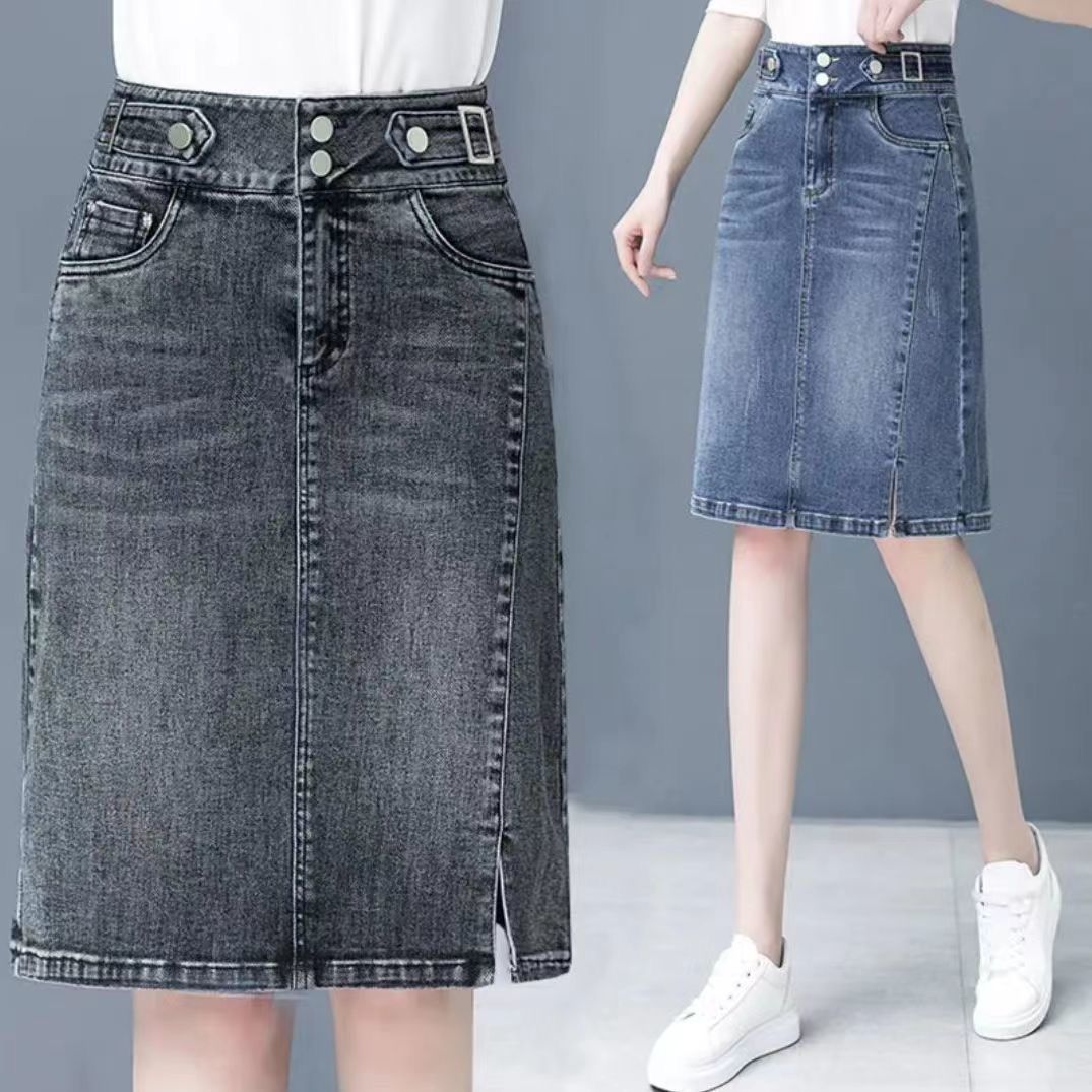 2025年春夏新款牛仔半身裙女高腰显瘦开叉a字裙中长款包臀一步裙