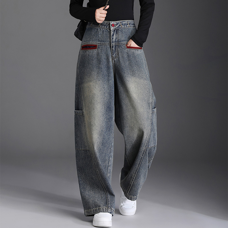 简约复古牛仔裤子女工装欧货宽松2025春季新款拼色水洗美式裤子
