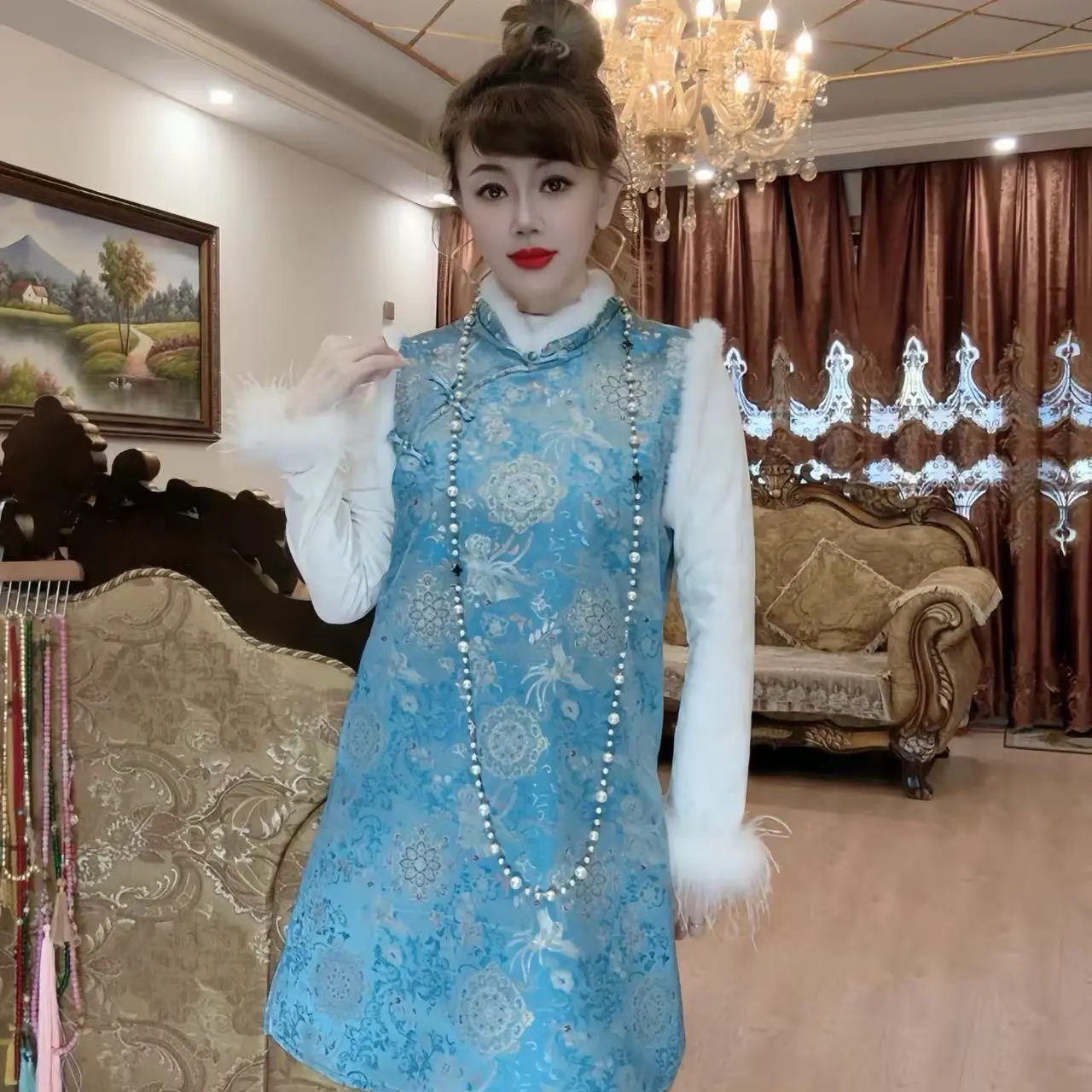 新中式复古国风盘扣加绒马甲连衣裙