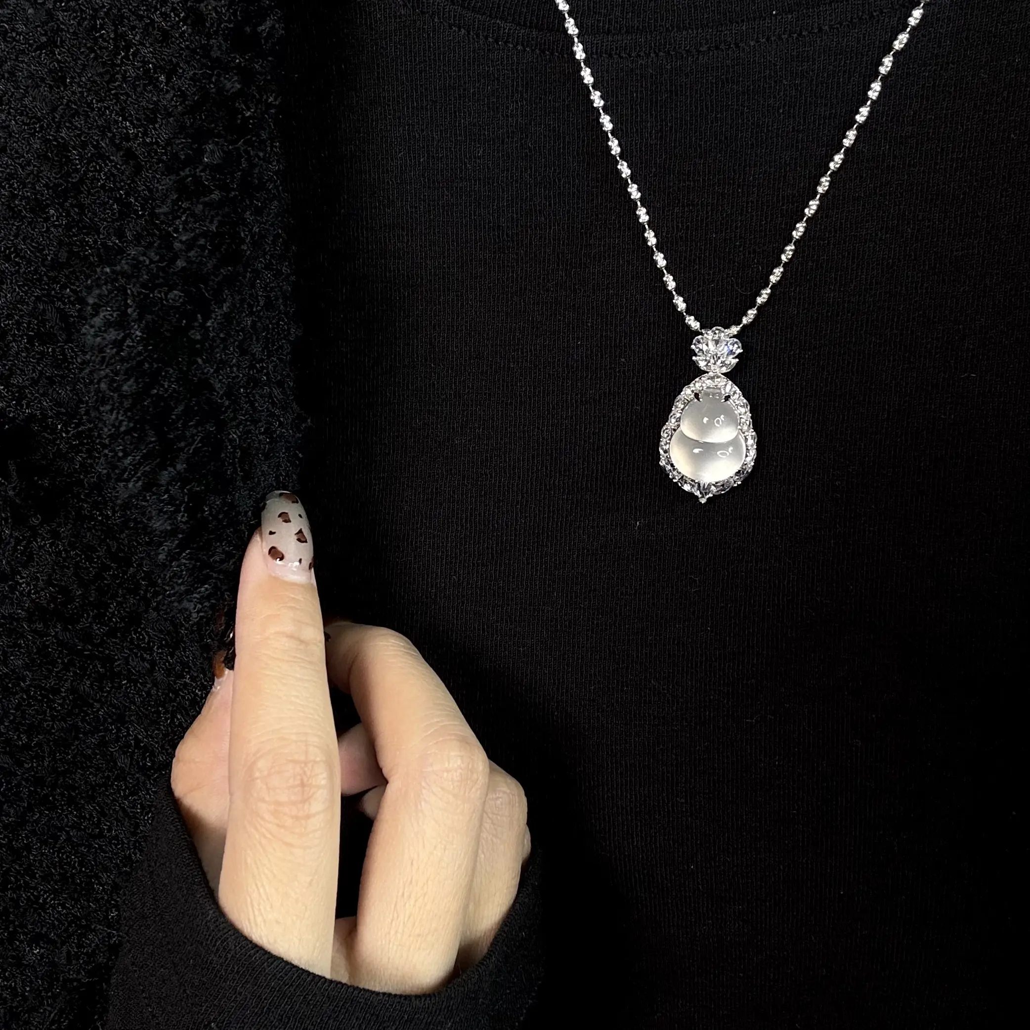 俄料玻璃种白冰葫芦吊坠 S925银镶 小众设计款