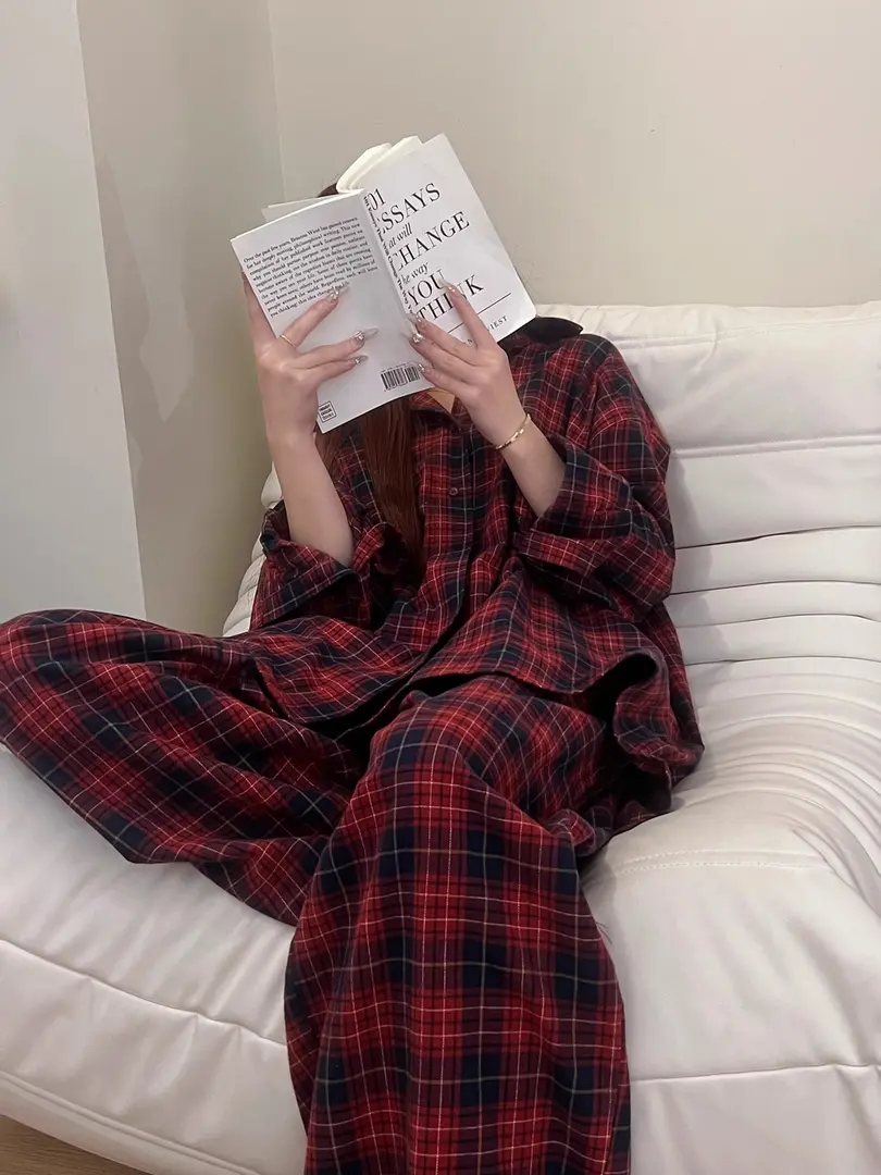 【复古红色】格纹小众长袖睡衣女春秋2025新款长裤家居服大码两件套