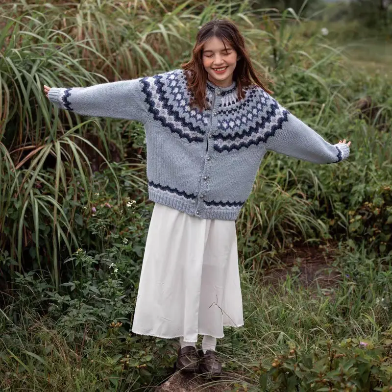 手工复古羊毛开衫蓝色冰岛毛衣格菱ins风北欧外套宽松情侣费尔岛