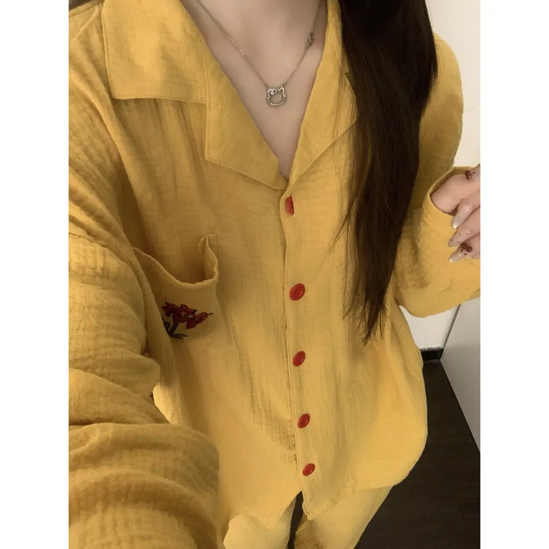 花朵刺绣棉纱质感睡衣春秋新款简约复古色休闲长袖长裤家居服套装